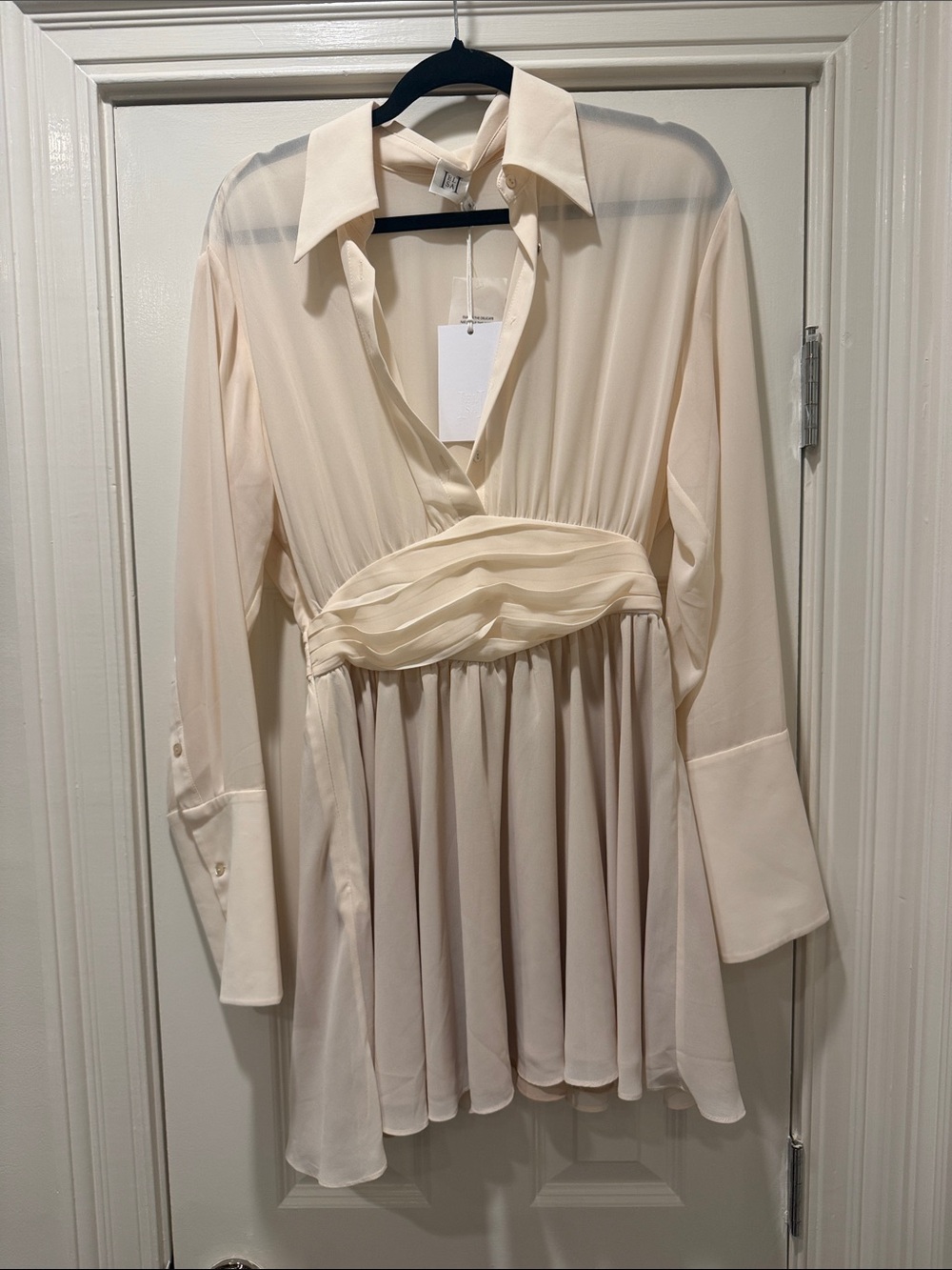 Helsa Revolve Sheer Mini Shirt Dress Cream Pleated Waist